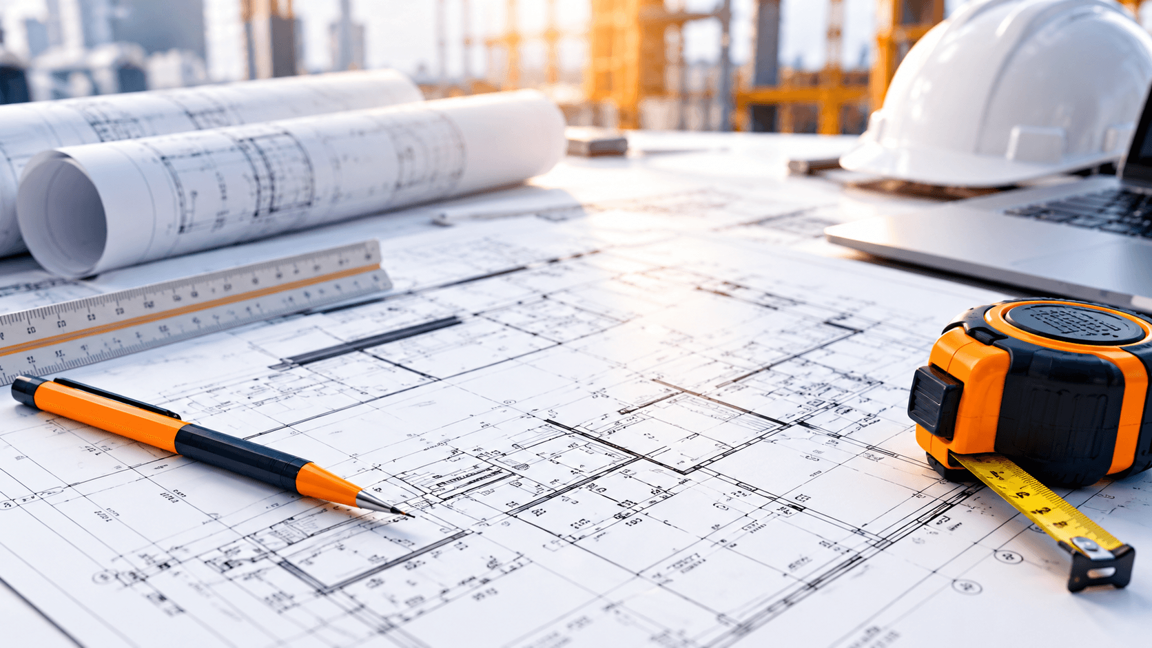 Construction plans, measuring tools, hard hat, and laptop used to prepare a detailed estimate